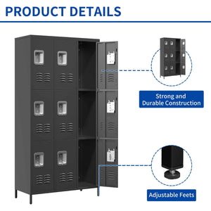 9 Door Metal Lockers With Lock For Employees,School,Office,Gym,Bedroom,Storage Locker Cabinet,Gray,Assembly Required,Black