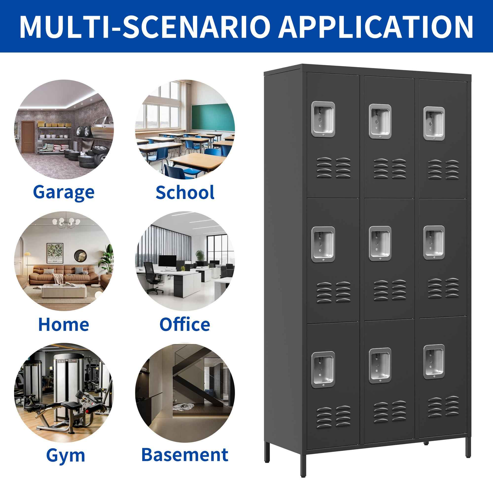 9 Door Metal Lockers With Lock For Employees,School,Office,Gym,Bedroom,Storage Locker Cabinet,Gray,Assembly Required,Black