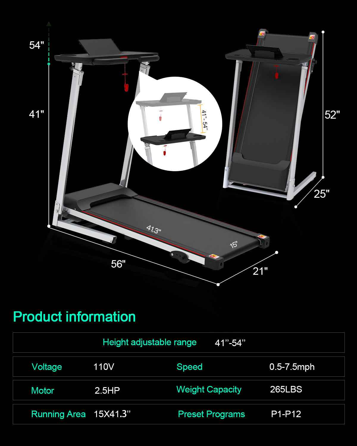 Walking Pad Under Desk Treadmill For Home Office -2.5HP Walking Treadmill 0.5-7.5MPH  Capacity Treadmill For Walking Running Remote Control Batteries