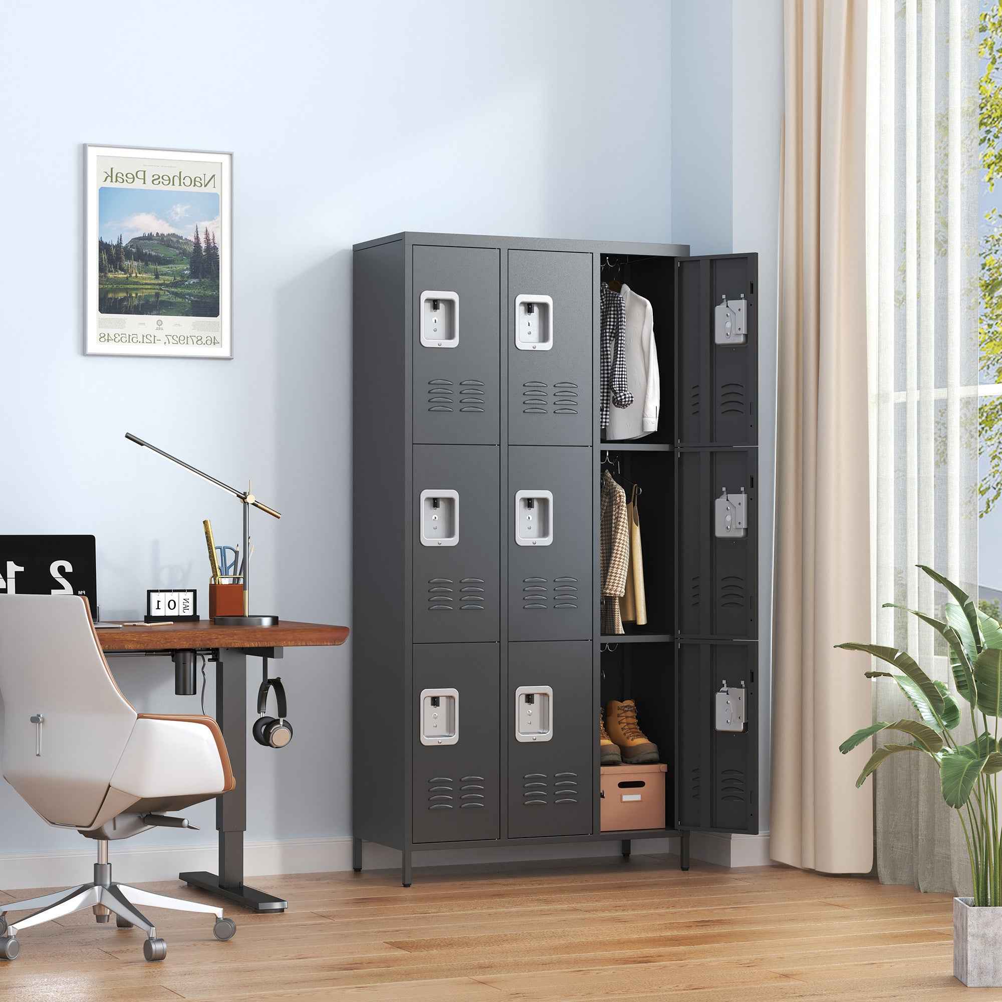 9 Door Metal Lockers With Lock For Employees,School,Office,Gym,Bedroom,Storage Locker Cabinet,Gray,Assembly Required,Black